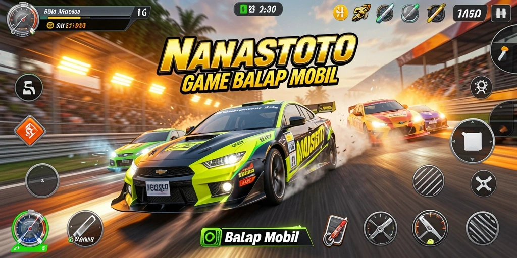 Screenshot antarmuka NANASTOTO menampilkan balapan mendebarkan di trek yang canggih.